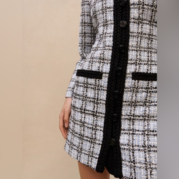 New Maje Tweed Effect Dress Blue Black Plaid Button Front Mini Size 40/L - Picture 5 of 16